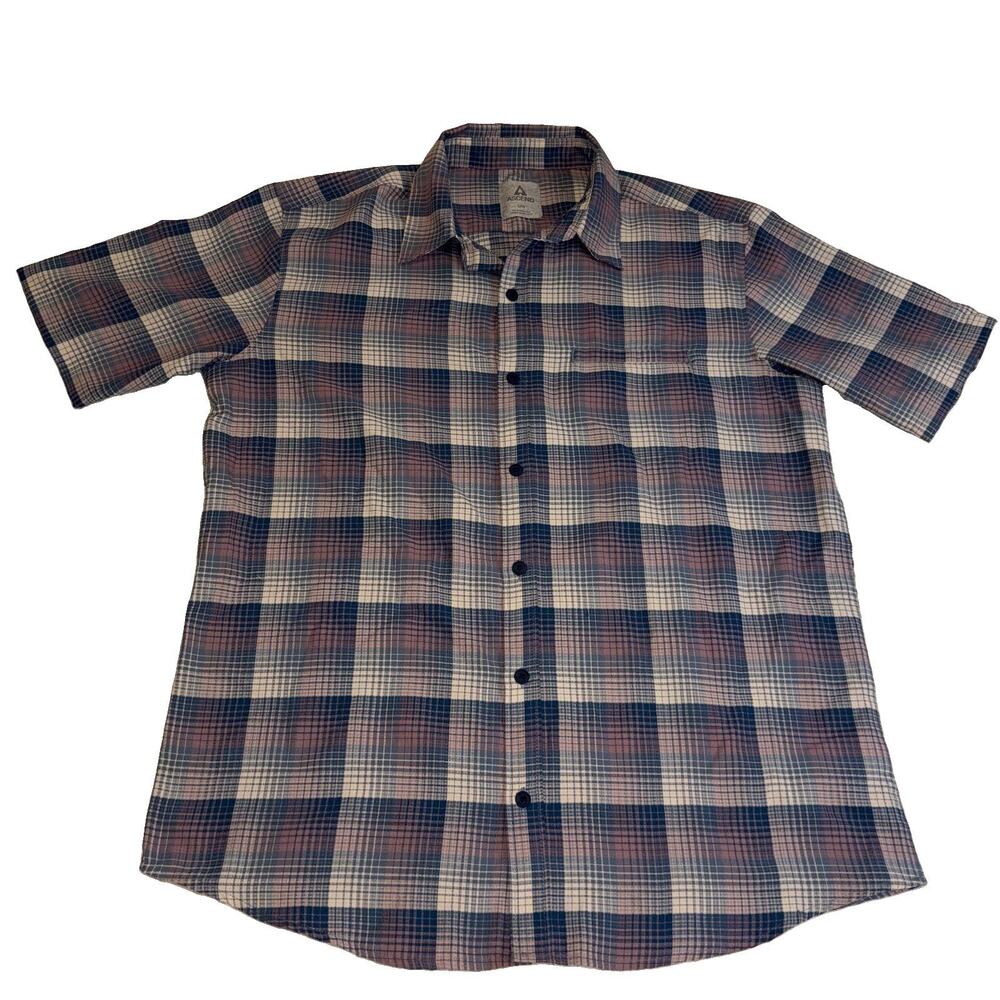 Ascend Mens Shirt Large Short Sleeve Button Down Plaid Hiking Outdoor Fireside